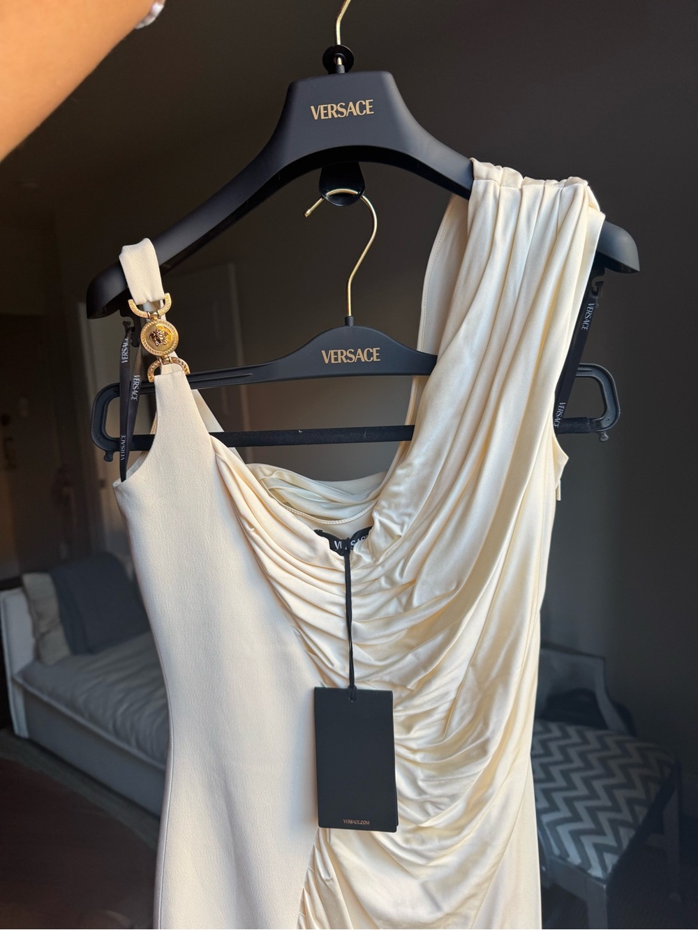 Versace Cream One-Shoulder Draped Evening Dress with Gold Medallion